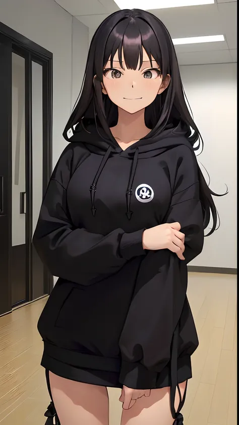 (masutepiece, Best Quality:1.2), (Looking at Viewer), (Wavy Hair:0.8),
1girl in, (Upper body:0.85), (Black theme:1.2), {Indoors|Outdoors}, Dark eyes, Dark hair, 
{Medium hair}, Larger hoodie, (tight miniskirt:1.2),
({Happy face|peaceful face|Shy face|Curio...