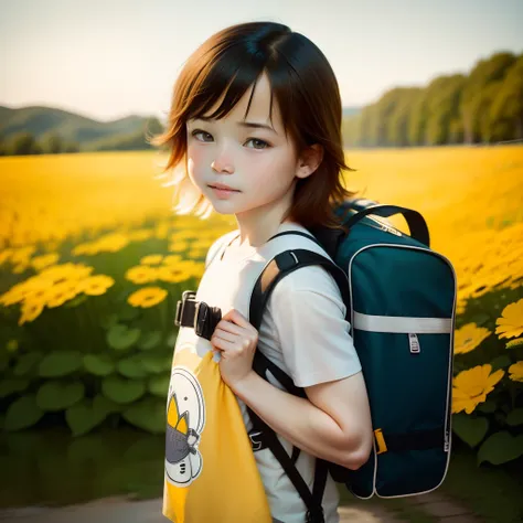 Very attractive little boy with backpack and cute puppy (husky) Enjoying a lovely spring outing surrounded by beautiful yellow flowers and nature. 4K resolution, hard disk, Illustrations, Very detailed, Facial features, comic strip, Visual Effects.