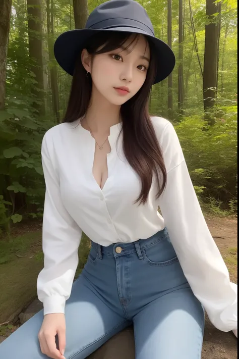 Asian woman sitting in the middle of the woods，Wearing a hat and blue skinny jeans, Open V chest clothes, Gorgeous young Korean woman, Beautiful Asian girl, Sexy girl, beautiful Korean women, young and cute girl, Korean girl, Good young girl, Beautiful you...