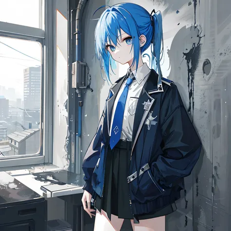 ​masterpiece、top-quality、「Against the backdrop of a collapsed city、Girl with blue hair and blue eyes、Wearing rough blue and black clothes、Wear military fashion、hands in the pocket、poneyTail、Tie your hair at the back、Create images with a grunge-like atmosph...