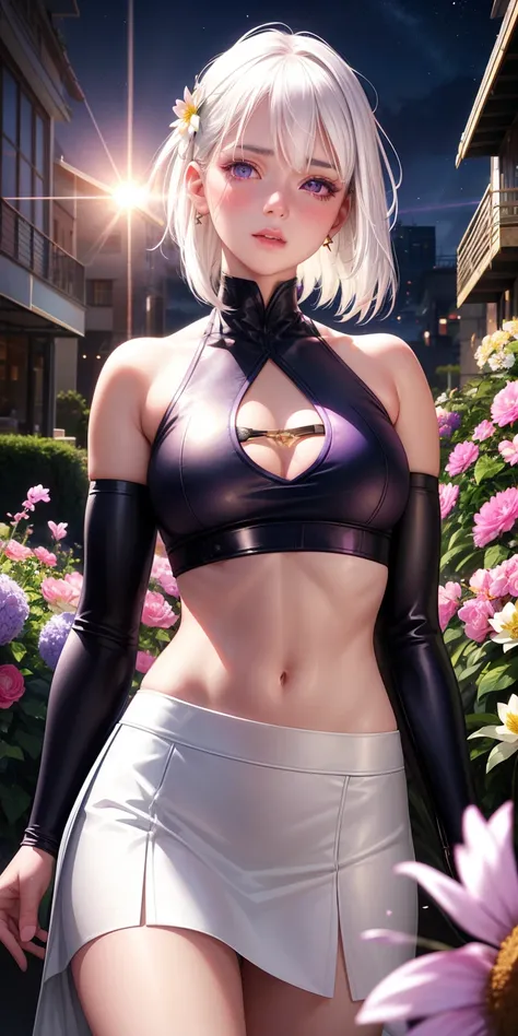 realistic, 1girl, white hair, purple eyes, glowing eyes, crop top, skirt, parted lips, blush, night, flowers, sun, sunlight,