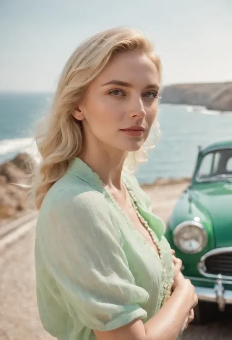 blonde woman , green retro car and sea in the background, sunny day, half body shot, high quality photo