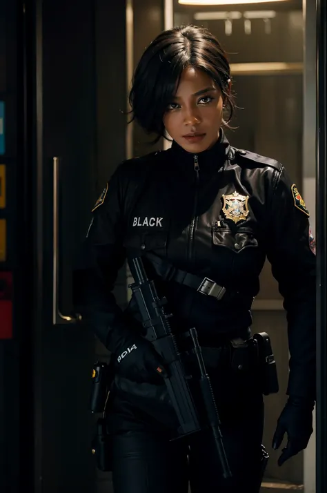 A Black Police Woman in Gotham with a gun in her hand