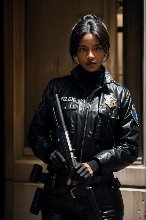 A black police woman in Gotham with a gun in her hand