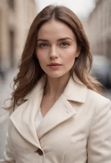 pregnant woman in city wearing white coat, in the style of dark beige and beige, close-up, grid-based, highly textured, soft, photo taken with provia, folk/naïve