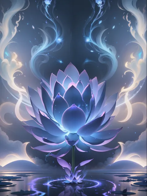 The Great Lotus in the Light of Tyndall   {blue white colors}Fire，Lightning arc，Light effects,CG,Blizzard style art trends,Diffuse luminous fog Noctilucent particles,Bright volumetric light - AR 3:4 --s 750 --v 5.2