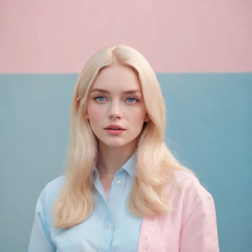 Market, neopop, pastel colors, by jimmy marble, portrait，Blonde long hair, straight hair，pink clothing，straight hair，blue eyes，Barbie