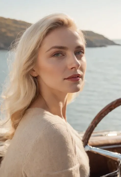 blonde woman,autumn , retro car and sea in the background, sunny day, half body shot, high quality photo