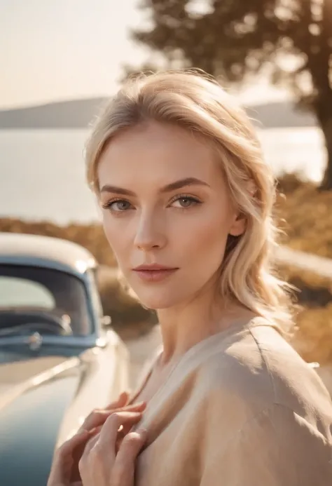 blonde woman,autumn , retro car and sea in the background, sunny day, half body shot, high quality photo