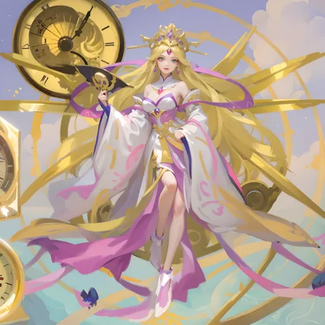 Araved image of a woman in a dress and clock, goddess of time, Anime goddess, Portrait Chevaliers du Zodiaque Fille, Kushatt Krenz Key Art Women, Beautiful celestial mage, gilded lotus princess, celestial goddess, Goddess of Light, golden goddess athena, k...