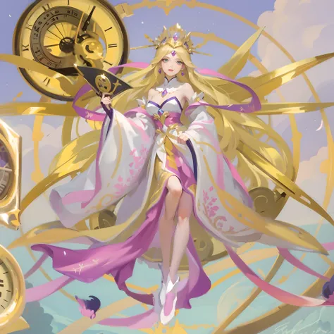 Araved image of a woman in a dress and clock, goddess of time, Anime goddess, Portrait Chevaliers du Zodiaque Fille, Kushatt Krenz Key Art Women, Beautiful celestial mage, gilded lotus princess, celestial goddess, Goddess of Light, golden goddess athena, k...