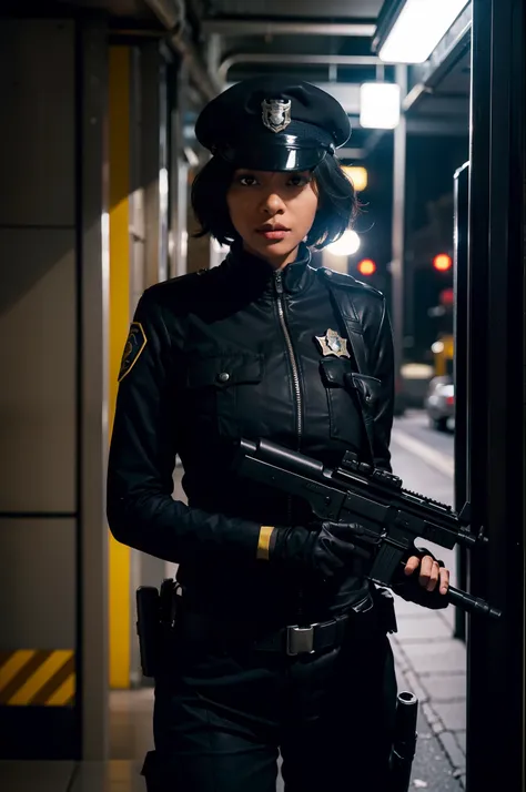 A black police woman in Gotham with a gun in her hand