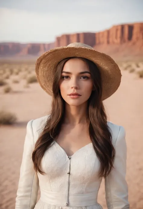 a young girl wearing a straw hat standing in the desert wearing a white dress and black leather jacket, in the style of celebrity photography, photo taken with provia, candid portraiture, genderless, leather/hide, modern jewelry, flickr .