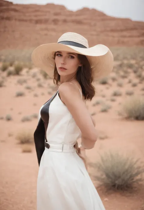 a young girl wearing a straw hat standing in the desert wearing a white dress and black leather jacket, in the style of celebrity photography, photo taken with provia, candid portraiture, genderless, leather/hide, modern jewelry, flickr .