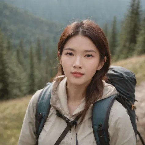 Hiker, in the style of kawaii aesthetic, helios 44-2 58mm f/2, asian-inspired, soft yet vibrant Close-up, high quality photo.