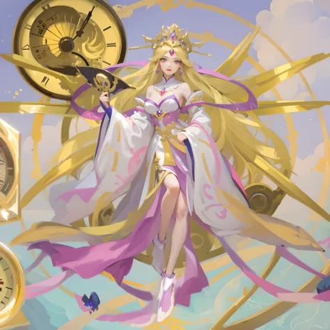 Araved image of a woman in a dress and clock, goddess of time, Anime goddess, Portrait Chevaliers du Zodiaque Fille, Kushatt Krenz Key Art Women, Beautiful celestial mage, gilded lotus princess, celestial goddess, Goddess of Light, golden goddess athena, k...