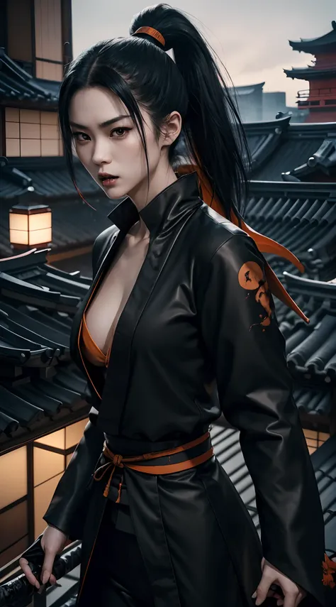 (A beautiful 25 years old Japanese female vampire ninja:1.4), (ponytail black hair:1.2), (pale skin), (detailed skin:1.4), (serious face), (wearing black outfit with orang lining:1.4), (waist up shot:1.2), view from front, (dynamic action pose:1.2), (chiar...