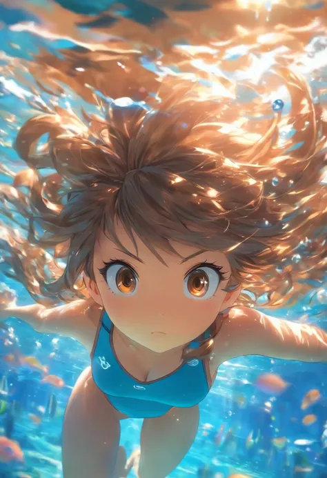 foreshortening,  Depth of field, Masterpiece, Best quality, 1girll, Brown hair, Brown eyes,  Long hair, Underwater, airbubble, Solo, view the viewer, School swim wear, Swimming,  Dappled sunlight,