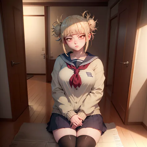 (garota hiper realista:1.2), ((Himiko Toga de 18 anos)), (Boku no hero), corpo inteiro, single body, olhando para frente, sitting on ground, (coxas internas expostas), joelhos dobrados, uniforme, (cabelo loiro), (uniforme), seios grandes:1.3, Quarto femini...