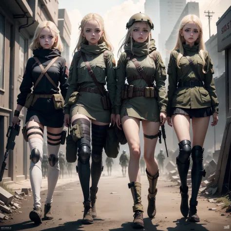 Three Ukrainian girls heading to the battlefield , Ukrainian anime girls , , Ukraine ,  Full body composition of young girl with messy bright blonde hair, eye make up, 13 year old,  Soft lighting, Solo, Old torn dirty shabby futuristic military uniform, ba...