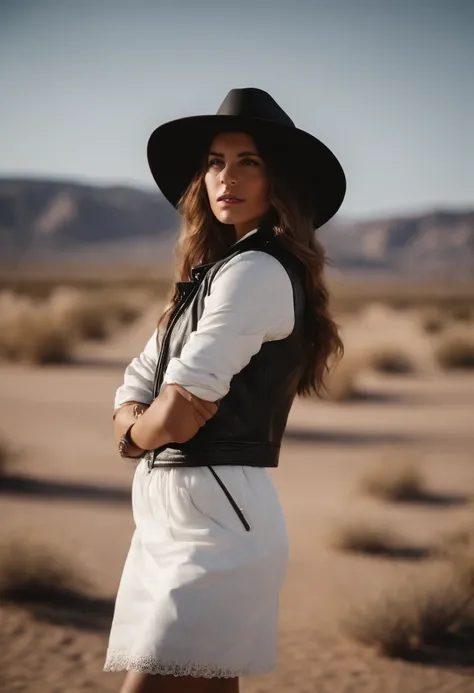 a young girl wearing a straw hat standing in the desert wearing a white dress and black leather jacket, in the style of celebrity photography, photo taken with provia, candid portraiture, genderless, leather/hide, modern jewelry, flickr .