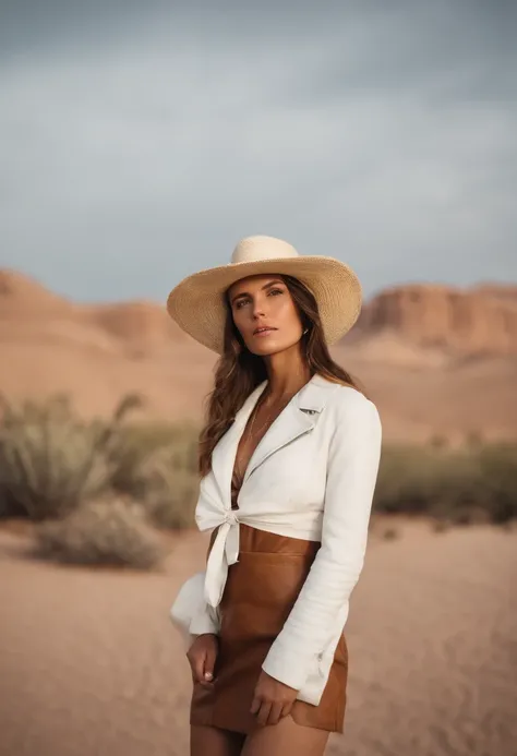 a young girl wearing a straw hat standing in the desert wearing a white dress and black leather jacket, in the style of celebrity photography, photo taken with provia, candid portraiture, genderless, leather/hide, modern jewelry, flickr .