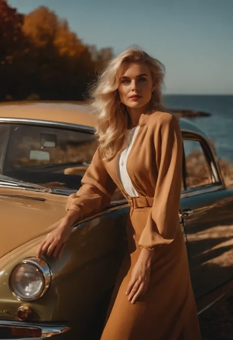 blonde woman,autumn , retro car and sea in the background, sunny day, half body shot, high quality photo