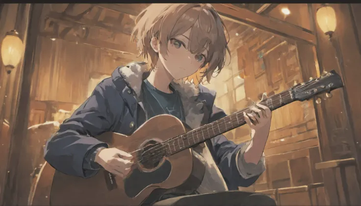 The theme is studio musicians playing acoustic guitar、Male but neutral face、Hair length is short and navy color、The acoustic guitar model is TAKAMINE、A gray jacket that hides up to the neck with a red line、Sitting in a chair and playing、legs crossed、The ex...