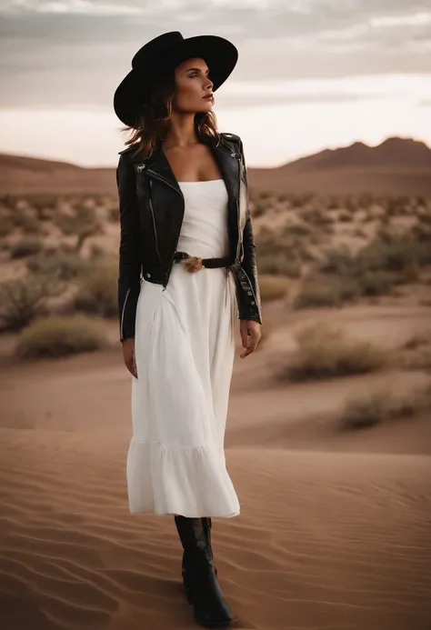 a young girl wearing a straw hat standing in the desert wearing a white dress and black leather jacket, in the style of celebrity photography, photo taken with provia, candid portraiture, genderless, leather/hide, modern jewelry, flickr .