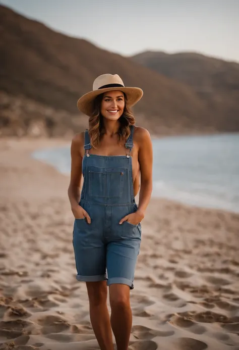 woman in denim overalls and hat standing on the beach, in the style of lighthearted, canon ef 35mm f/1.4l, mountainous vistas, mediterranean-inspired, lively facial expressions, high quality photo, winning, fun and happy feeling, ultra detailed, high defin...