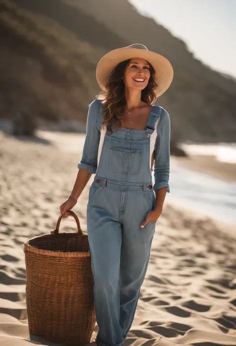 woman in denim overalls and hat standing on the beach, in the style of lighthearted, canon ef 35mm f/1.4l, mountainous vistas, mediterranean-inspired, lively facial expressions, high quality photo, winning, fun and happy feeling, ultra detailed, high defin...