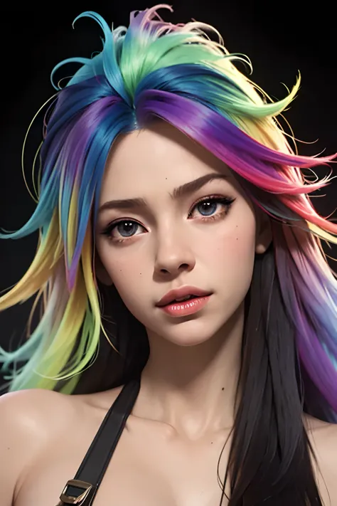 masterpiece, best quality, (realistic, highly detailed), rainbow hair vortex, wild hair, mane