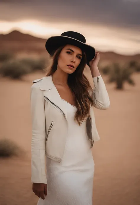 a young girl wearing a straw hat standing in the desert wearing a white dress and black leather jacket, in the style of celebrity photography, photo taken with provia, candid portraiture, genderless, leather/hide, modern jewelry, flickr .