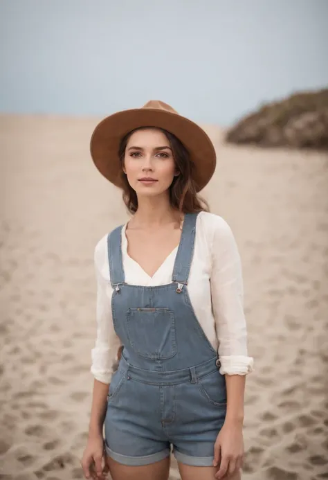 woman in denim overalls and hat standing on the beach, in the style of lighthearted, canon ef 35mm f/1.4l, mountainous vistas, mediterranean-inspired, lively facial expressions, high quality photo, winning, fun and happy feeling, ultra detailed, high defin...