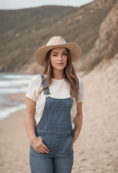 woman in denim overalls and hat standing on the beach, in the style of lighthearted, canon ef 35mm f/1.4l, mountainous vistas, mediterranean-inspired, lively facial expressions, high quality photo, winning, fun and happy feeling, ultra detailed, high defin...