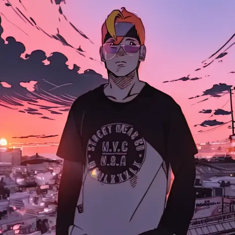 cute anime boy ,sunset , vhs , retro anime vibe , beautiful sky