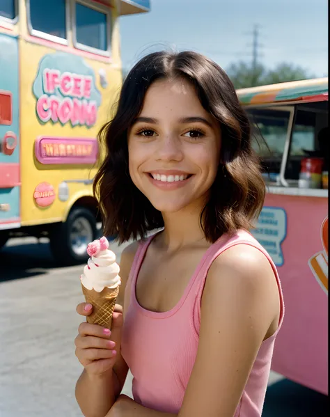 jortega eating ice cream outside by ice cream truck while the sun lights and glows up her face, realistic, shot with fuji film