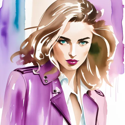 David downton fashion illustration, woman light brown blonde french bob, andreea diaconu, green eyes, gentle pink lipstick, lilac oversized leather jacket, paris street, book shop, natural color, cinematic, watercolor, hand-drown