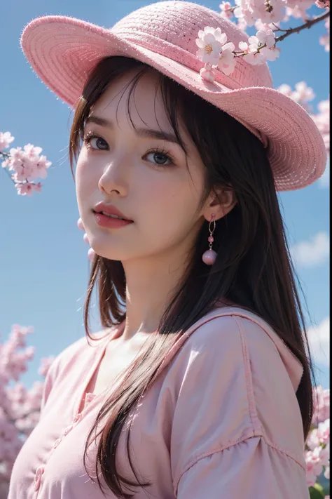 a close up of a girl with a hat on and a cherry light pink blossoms in the background, a shot taken from a little low angle with sky, anime drawing by Kun Can, long straight wavy dark hairs, oval face, pink cap, light pink hoodie, large light earrings, bea...