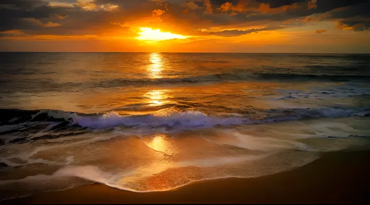 An absolutely mesmerizing sunset on the beach, with a mix of orange, pink, and yellow in the sky. The water is crystal clear, gently kisses the coast, and the white sand is endless. The scene is dynamic and breathtaking, with seagulls soaring high in the s...