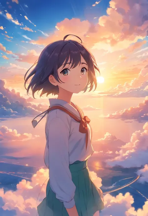 masterpiece, best quality, movie still, 1girl, cloud girl, floating in the sky, close-up, bright, happy, warm soft lighting, sunset, (sparks:0.7)