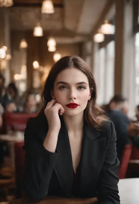 2010s fashion, medium close up, canon ef 85mm f/1.2l ii usm, a woman is sitting with her coffee in a restaurant, wearing a black jacket and red lips, emphasis on facial expression, street fashion.