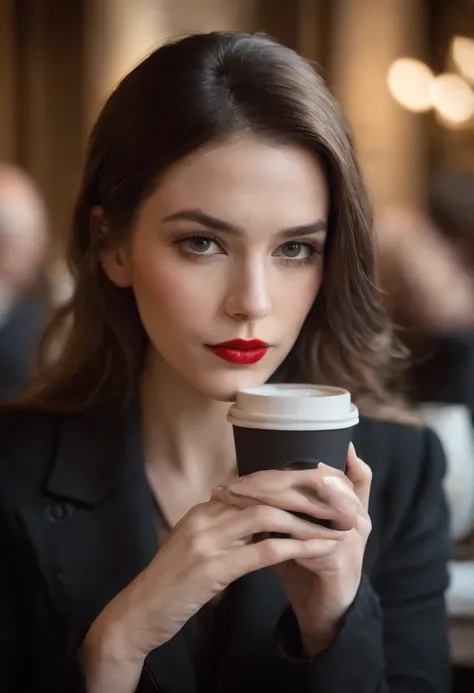 2010s fashion, medium close up, canon ef 85mm f/1.2l ii usm, a woman is sitting with her coffee in a restaurant, wearing a black jacket and red lips, emphasis on facial expression, street fashion.