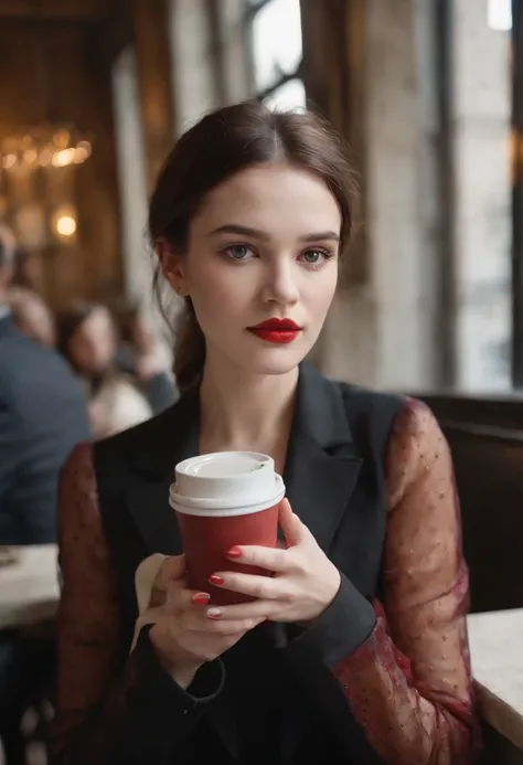 2010s fashion, medium close up, canon ef 85mm f/1.2l ii usm, a woman is sitting with her coffee in a restaurant, wearing a black jacket and red lips, emphasis on facial expression, street fashion.