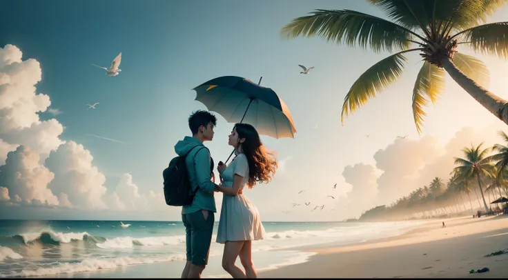 A couple, beach, waves, umbrella, birds, trees