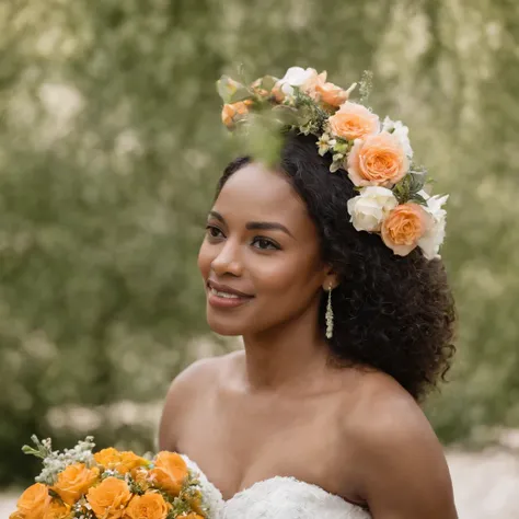 african american woman with bouquet, in the style of spanish school, villagecore, happenings, tokina at-x 11-16mm f/2.8 pro dx ii, joyful and optimistic, nonrepresentational, jewish life scenes  elegant posture