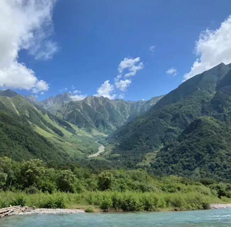 Midday Valley，Clear details，summer setting, There are several trees in the middle of the valley, 8K, visto ao longe