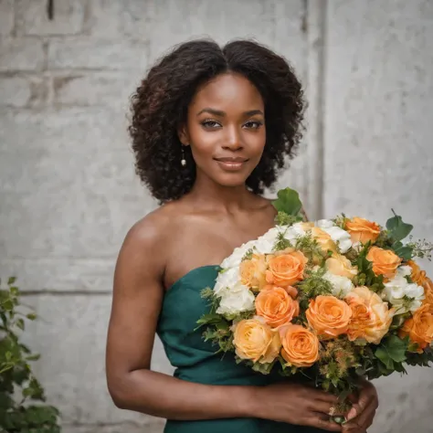 African woman with bouquet, spanish school style, villagecore, event, tokina at-x 11-16mm f/2.8 pro dx ii, happy optimistic, non-representational, jewish life scene elegant pose