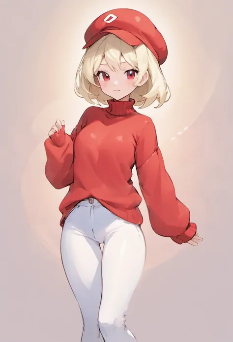 One girl、Composition of the subject seen from the front、Long sleeved red turtleneck knit、white short pants、Red cap、The pose of the subject is Dr. Clark、