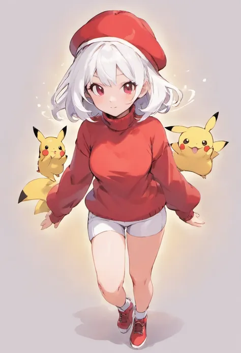 One girl、Composition of the subject seen from the front、Long sleeved red turtleneck knit、white short pants、Red cap、The pose of the subject is Dr. Clark、